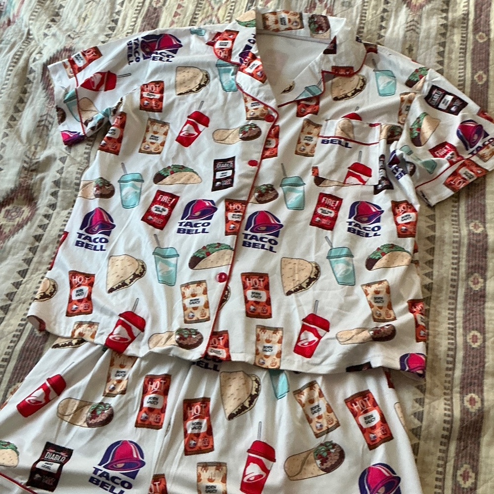 Womens Pajama Set - White with Colorful Taco Bell Print